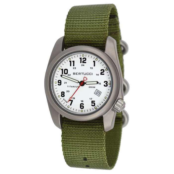 Bertucci A-2T White Dial Titanium Watch with Olive Nylon Strap #12121