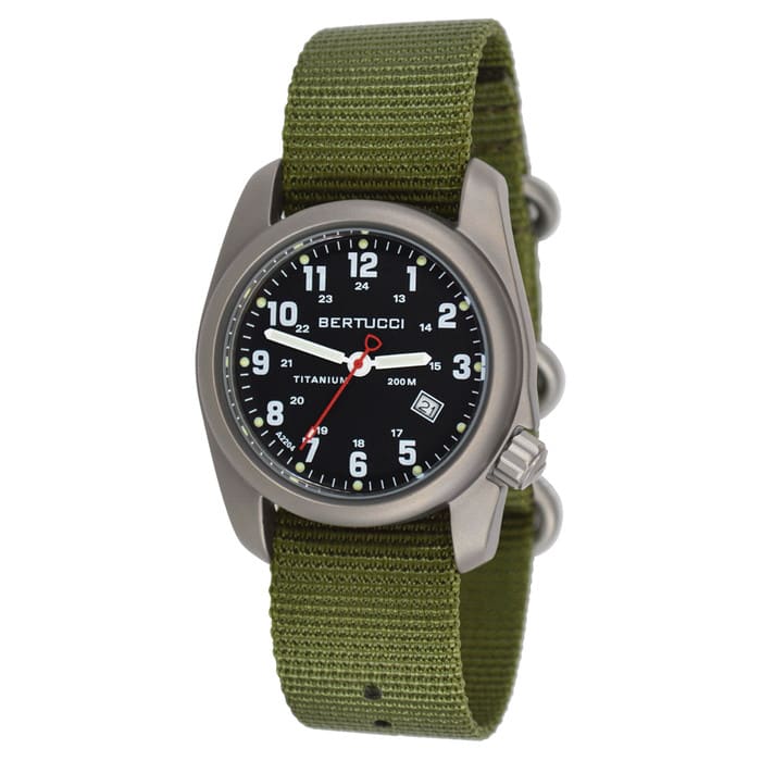 Bertucci A-2T Black Dial Titanium Watch with Olive Nylon Strap #12122