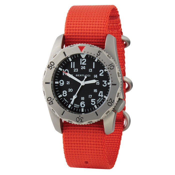 Bertucci A-2TR Field Pro Black Dial Watch with Orange Nylon Strap #12145
