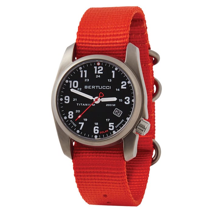 Bertucci A-2T Solar Classic Titanium Field Watch with Orange Nylon Strap #12805