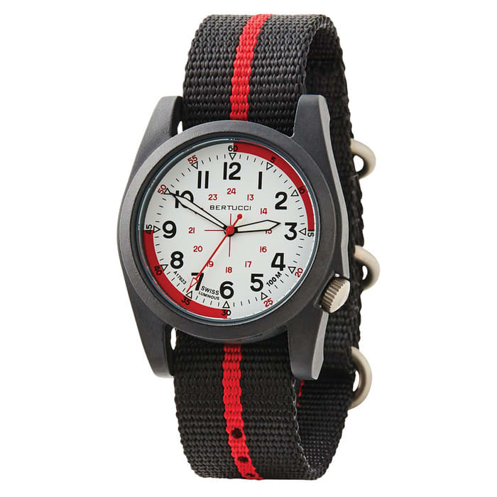 Bertucci A-3P Field Watch with Optic White Dial and Thin Red Line Strap #13391