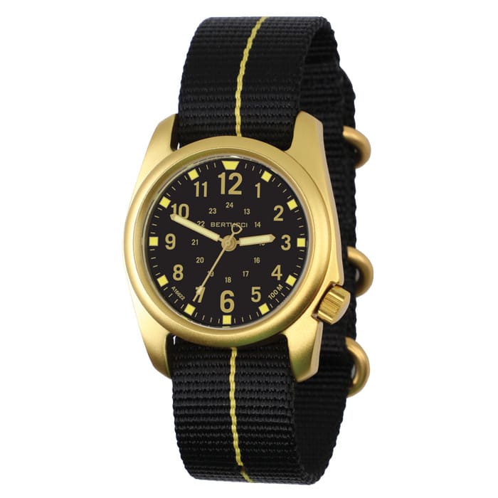 Bertucci A-2A Golden Field Watch with Black Dial and Striped Nylon Band #16303