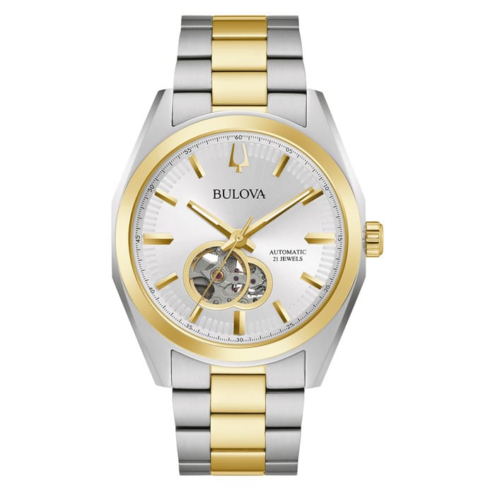 Bulova Surveyor Automatic Watch with Two-Tone Case and Open Heart Silver Dial #98A284
