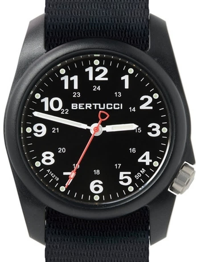 Bertucci A-1R Field Comfort watch with fiber reinforced polycarbonate Unibody case, Black Nylon Strap, Black Dial #10500