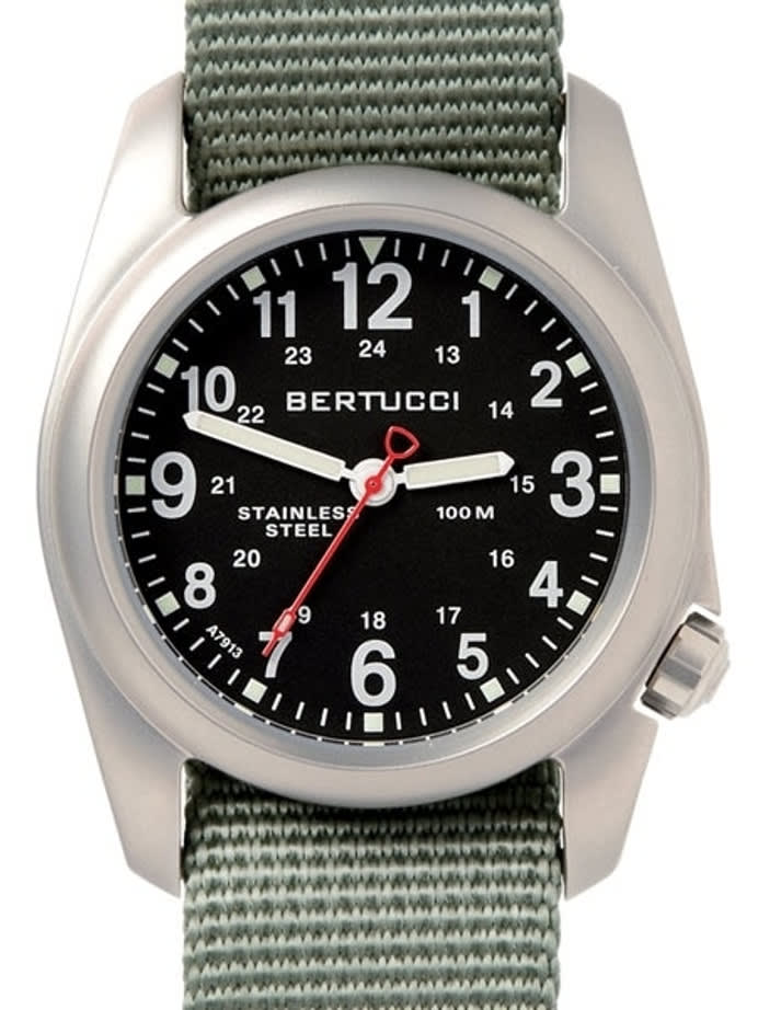 Bertucci A-2S Black Dial, 40mm Stainless Steel Watch with Defender Drab Nylon Strap #11051