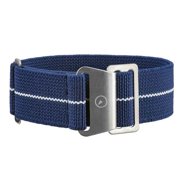 Blue Elastic Woven Nylon Strap with White Stripe, Brushed Finish Steel Clasp #EWB-06-SS
