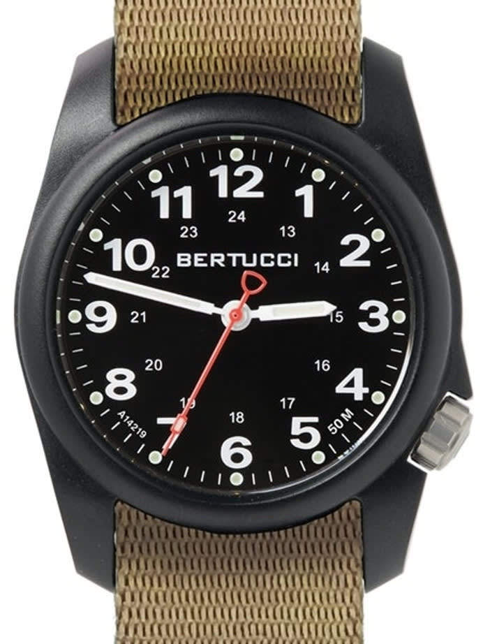 Bertucci A-1R Field Comfort watch with fiber reinforced polycarbonate Unibody case, Khaki Nylon Strap, Black Dial #10502