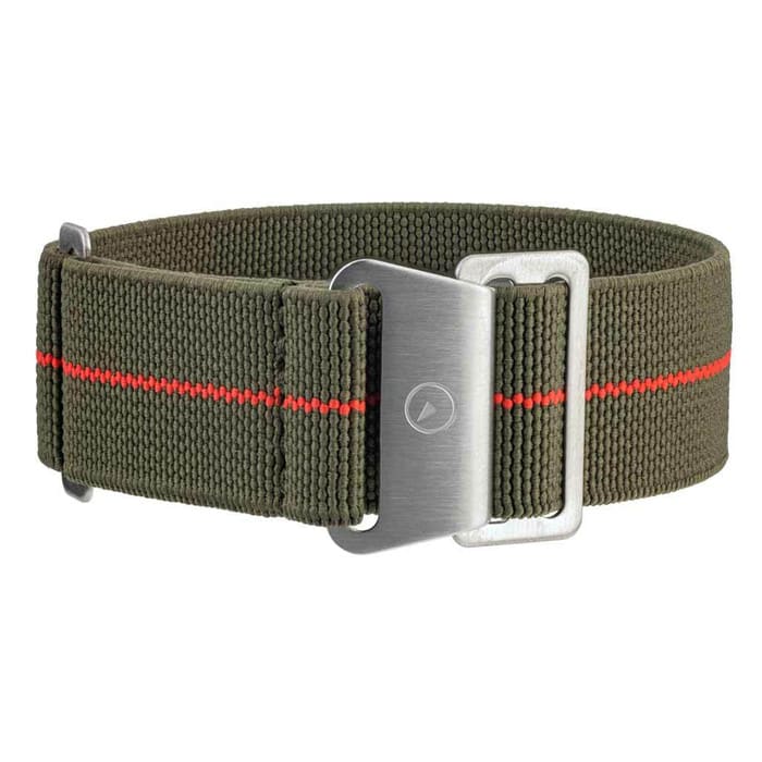 Green Elastic Woven Nylon Strap with Red Stripe, Brushed Finish Steel Clasp #EWB-14-SS
