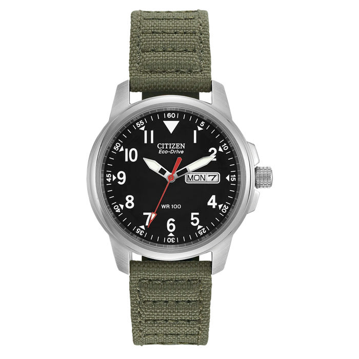 Citizen Eco-Drive Garrison Watch with Black Dial and Green Strap #BM8180-03E