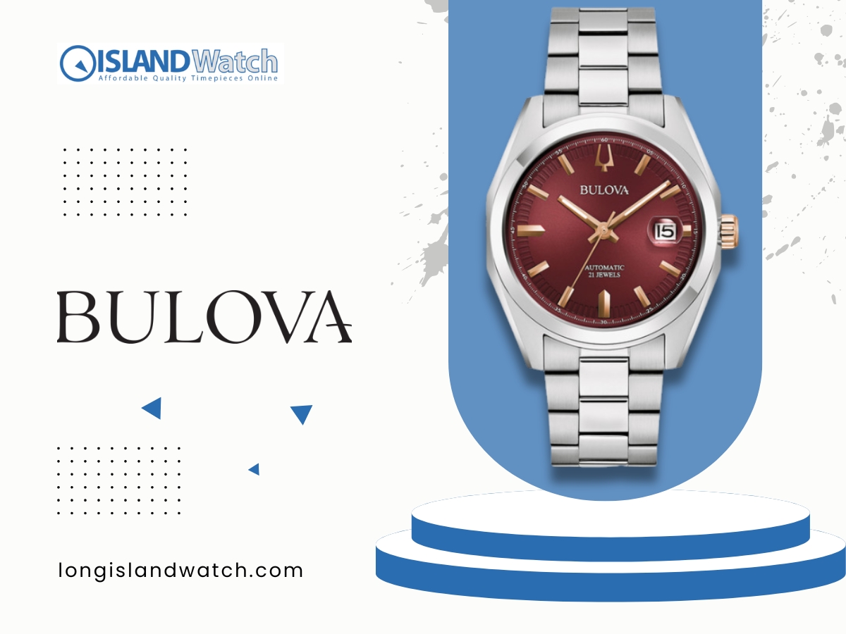 Bulova automatic watch with a stainless steel bracelet and a striking red dial, emphasizing its classic design and precision craftsmanship. 