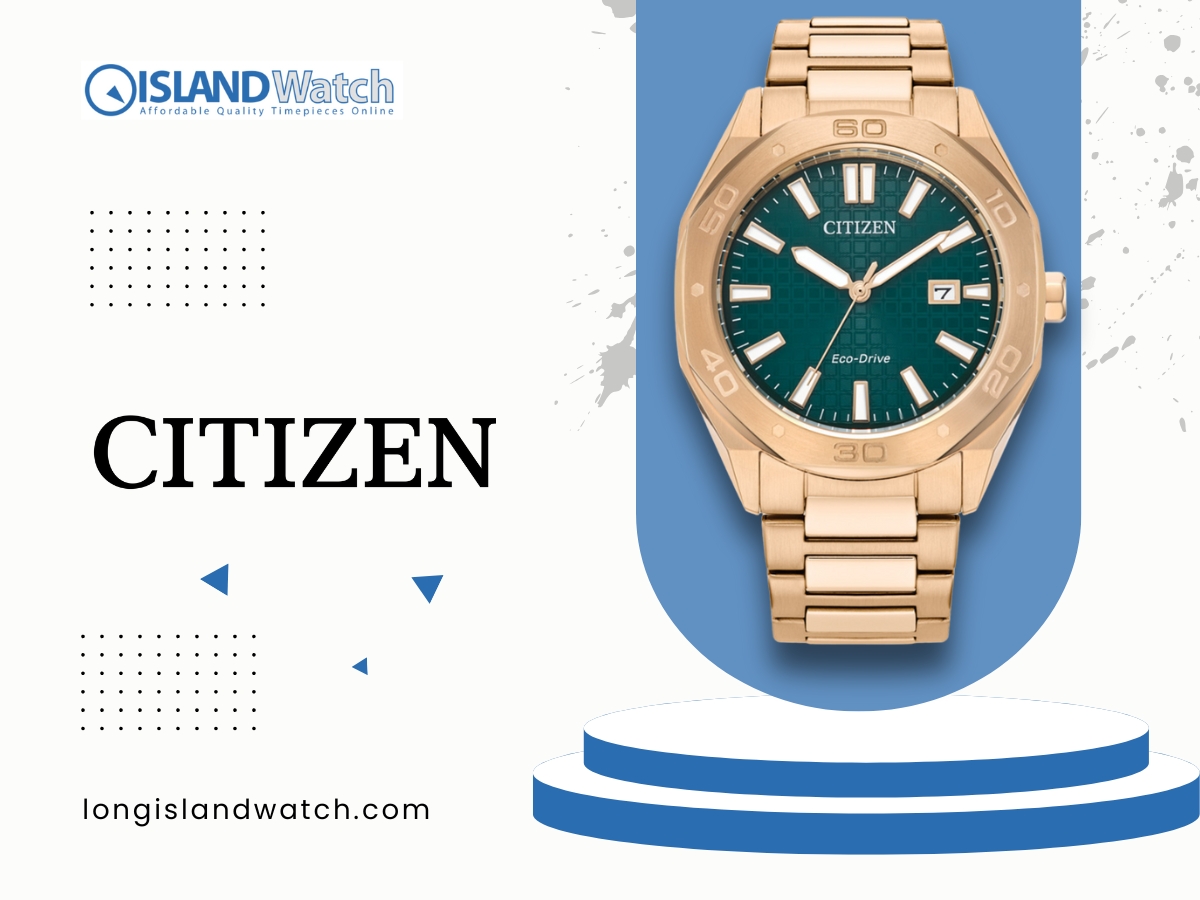 Citizen Eco-Drive watch with a gold-tone stainless steel bracelet and a green dial, highlighting its modern design and solar-powered technology.
