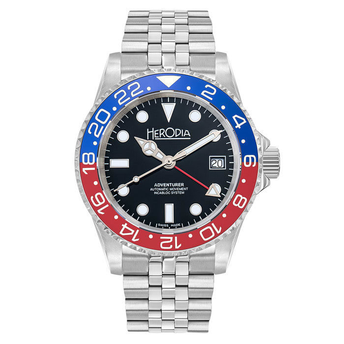 Herodia Adventurer Swiss Automatic GMT Watch with Pepsi Bezel #HADVSBLRBK.AC
