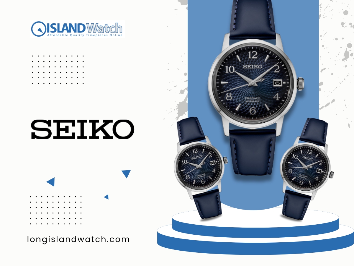 Seiko Presage watch with blue leather strap and textured dial.