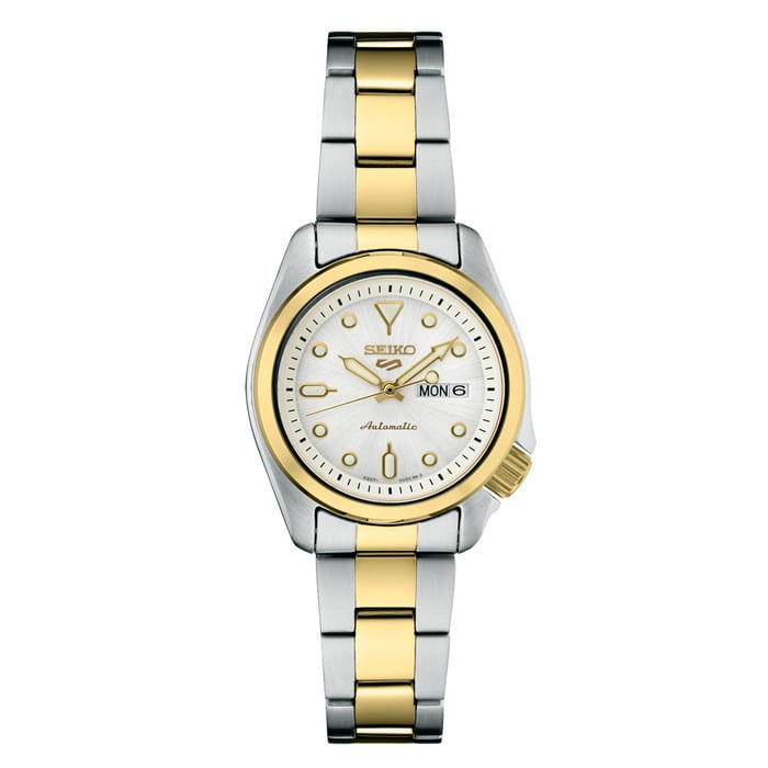 Seiko 5 Sports Automatic Watch with White Dial and 28mm Two-Tone Case #SRE004