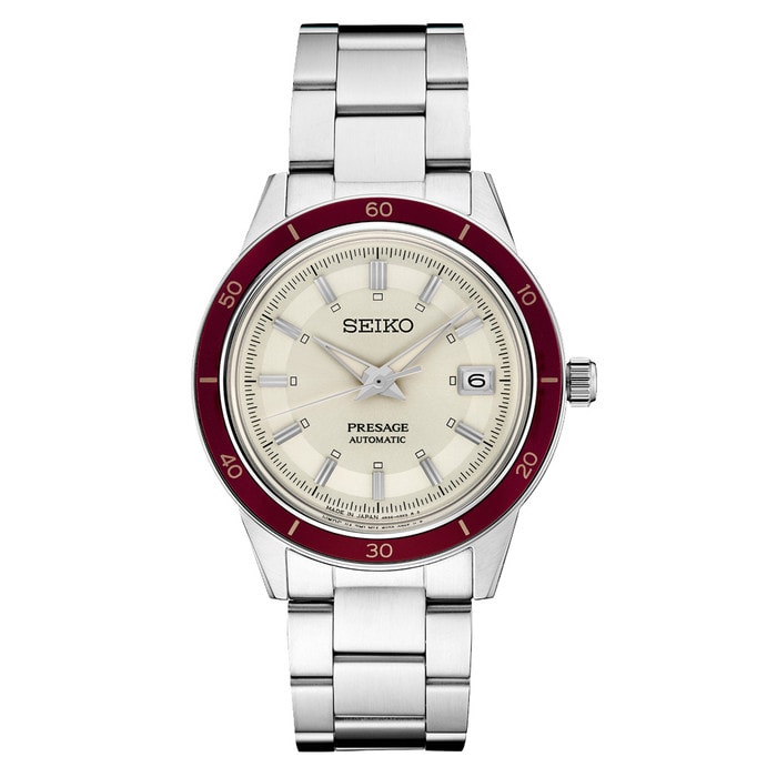 Seiko Presage Automatic 1960's Style Dress Watch with White Dial and Red Bezel #SRPH93