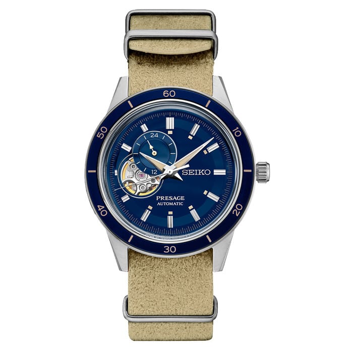 Seiko Presage 60's Style Automatic Dress Watch with Open Heart Blue Dial #SSA453