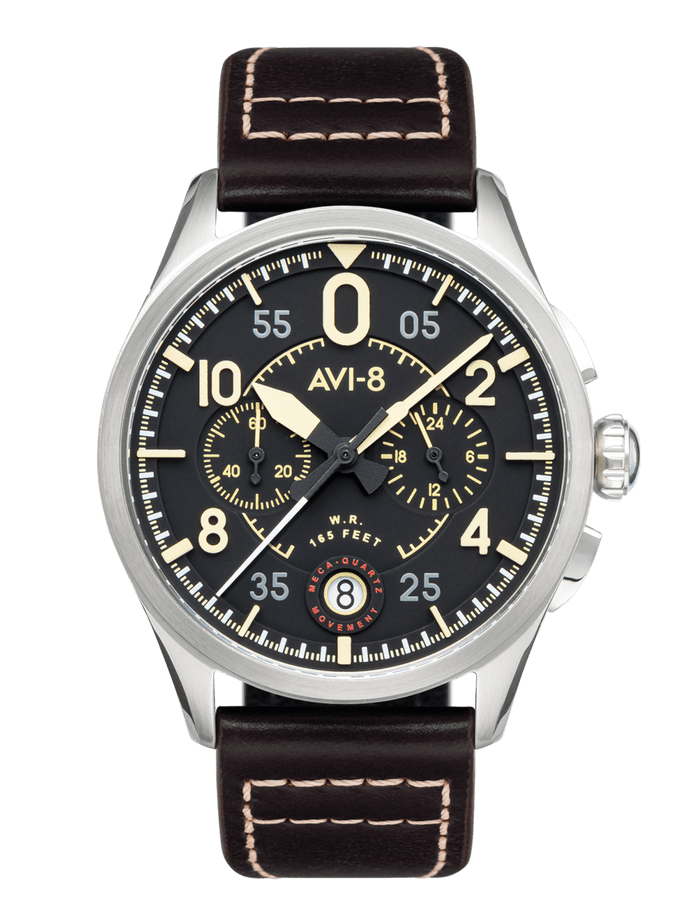 AVI-8 Spitfire Lock Chronograph, Midnight Oak, Japanese Meca-Quartz Chronograph, Black Dial, Leather Strap #AV-4089-01
