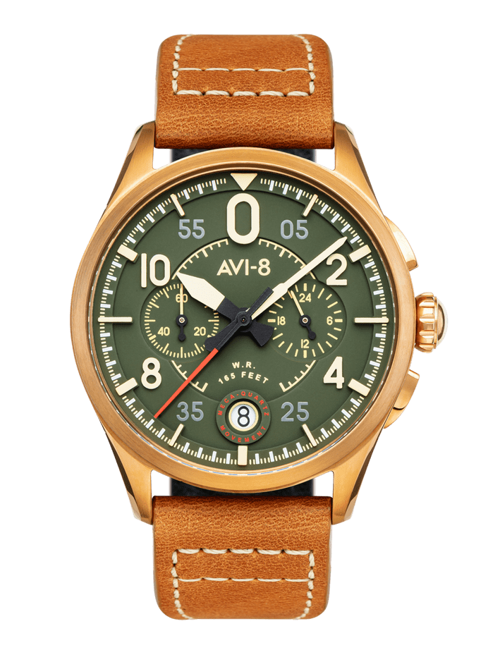 AVI-8 Spitfire Lock Chronograph, Bronze Green, Japanese Meca-Quartz Chronograph, Green Dial, Leather Strap #AV-4089-02