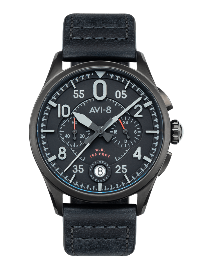 AVI-8 Spitfire Lock Chronograph, Slate Black, Japanese Meca-Quartz Chronograph, Black Dial, Leather Strap #AV-4089-03